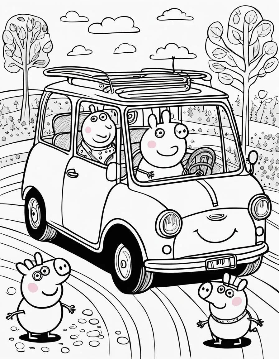 Ausmalbild Peppa Wutz Familie reist mit dem Auto zum Ausdrucken