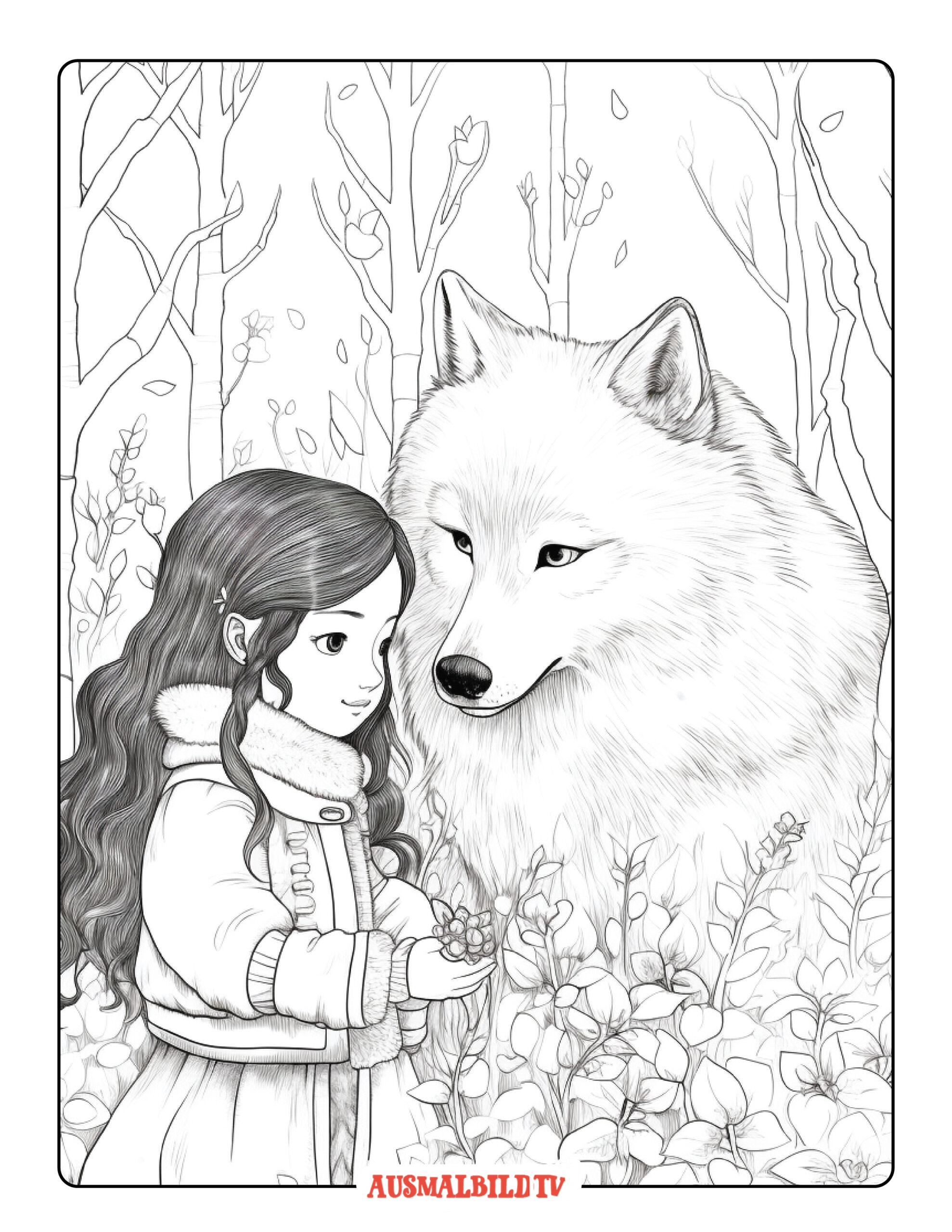 Kleines Mädchen und der Legendäre Wolf - Malvorlagen zum Ausdrucken