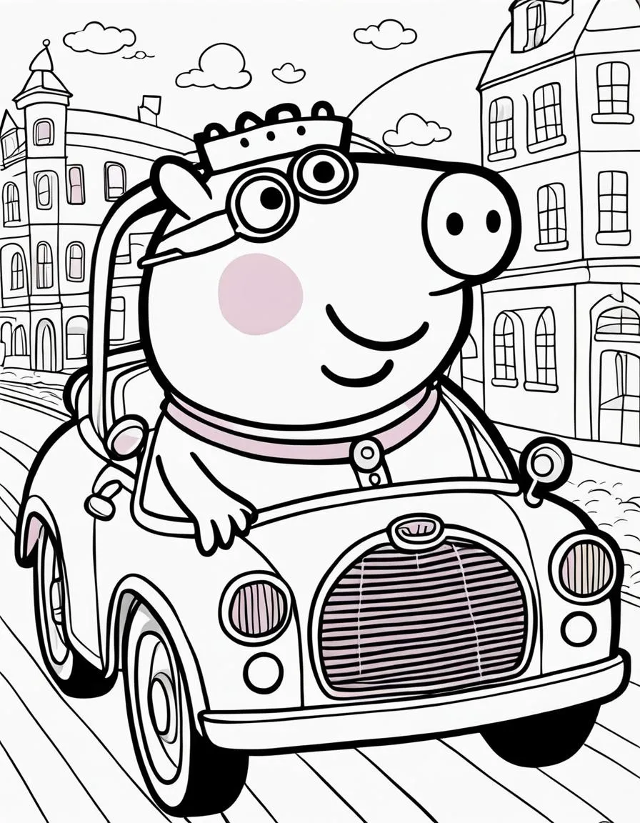Schöne Peppa Pig mit Auto Malvorlage für Kinder