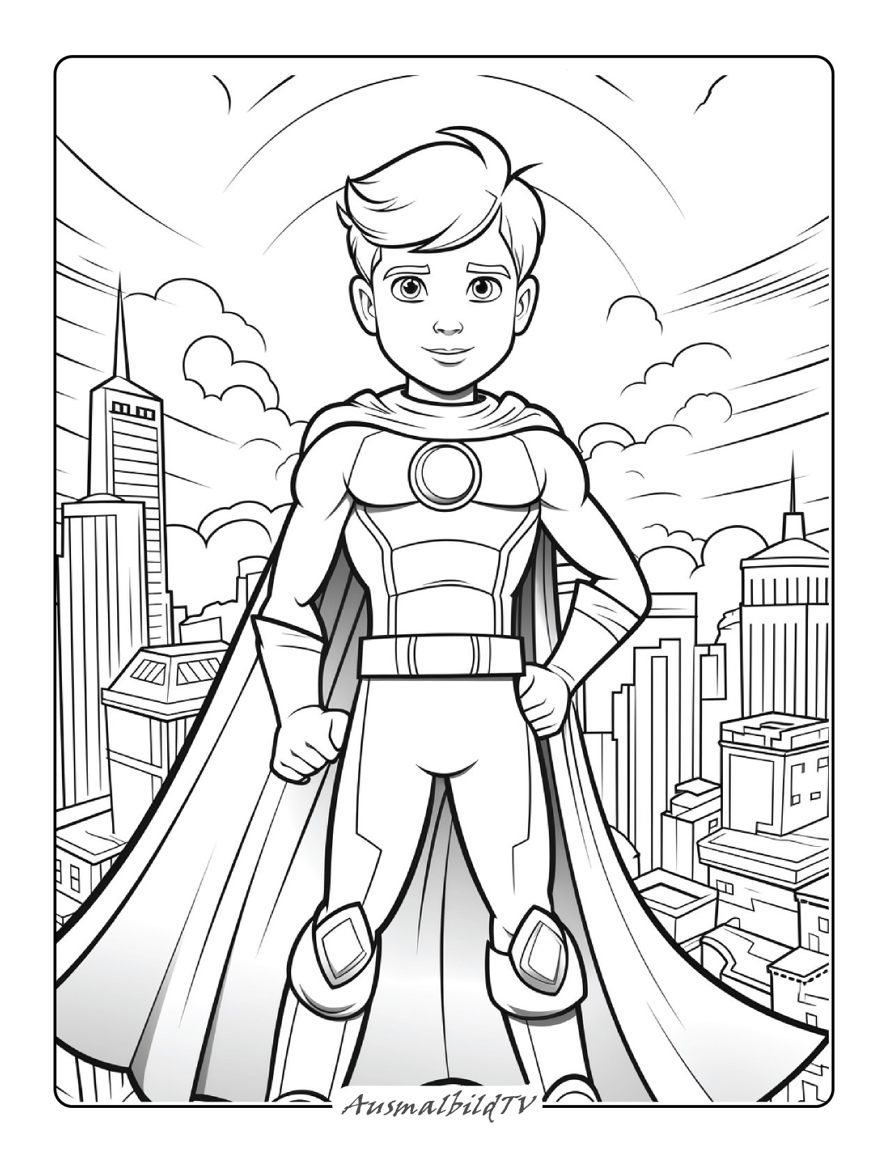 Ausmalbild Superheld im Himmel für Kinder