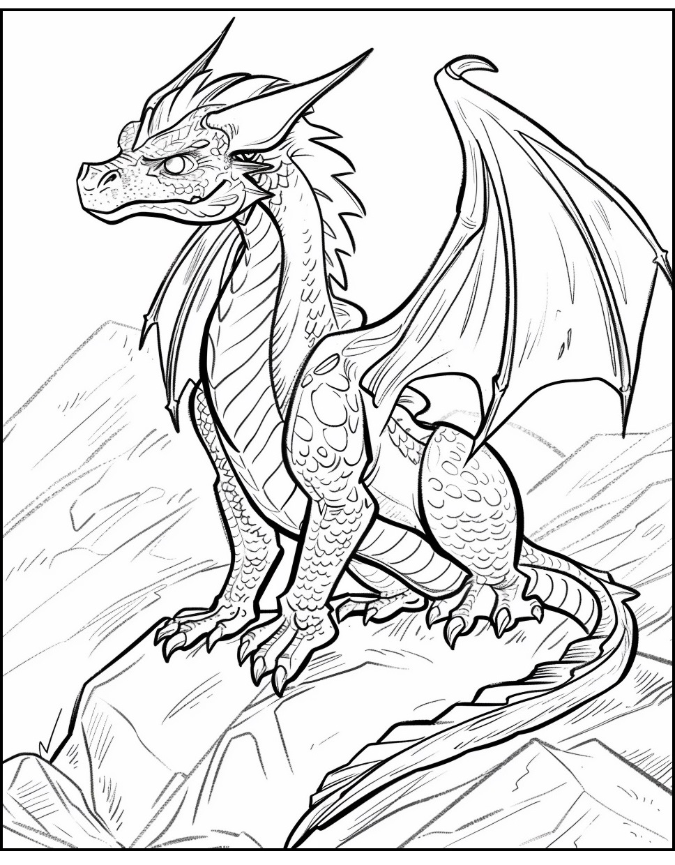 Ausmalbild Drache in den Berge