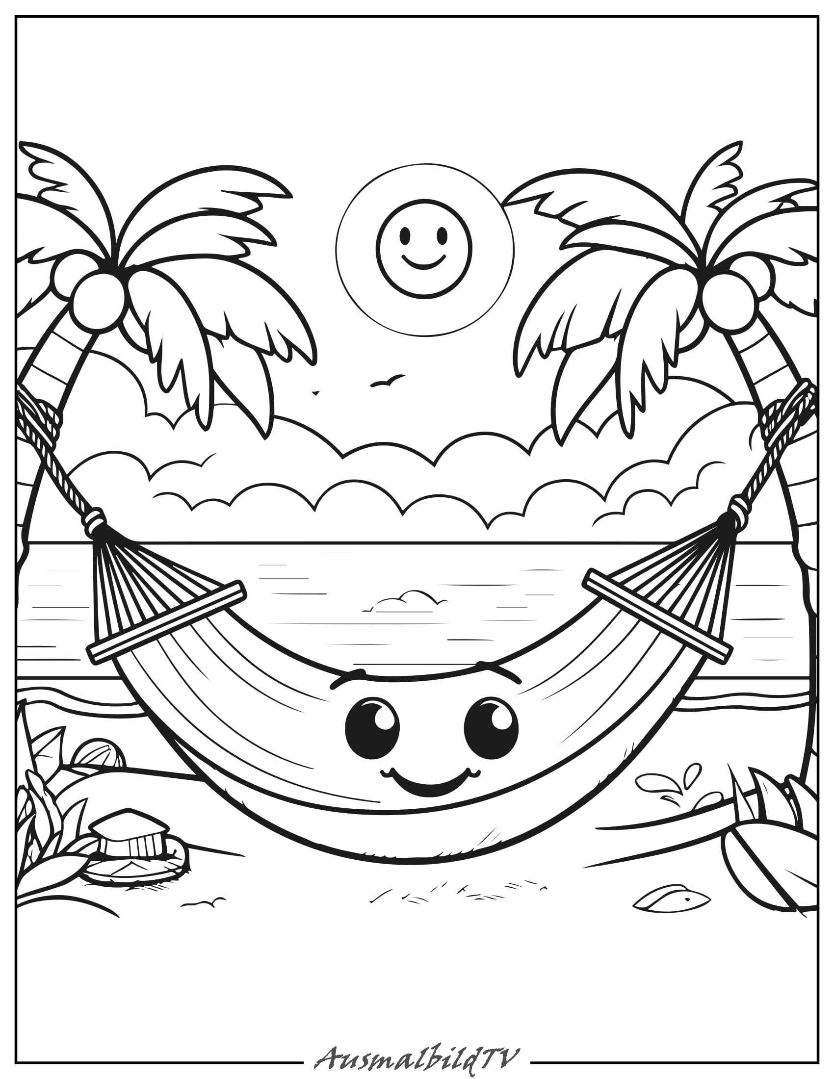 Hängematte Zwischen Kokospalmen Kawaii Ausmalbild Kostenlos