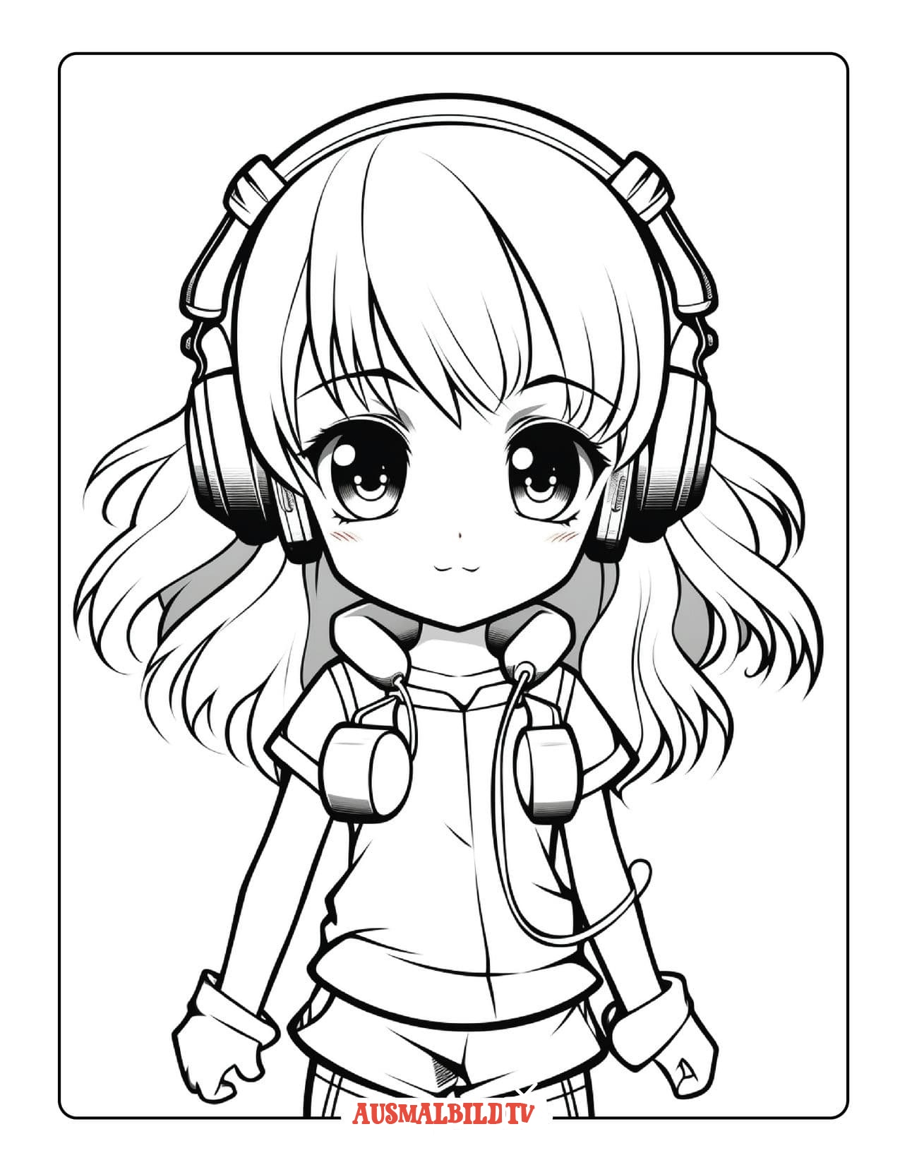 Ausmalbild Anime Mädchen mit Kopfhörern zum Ausdrucken