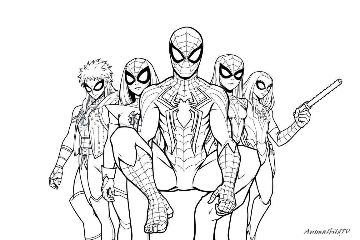 Ausmalbild SpiderMan mit Freunden von Marvel Sammlung