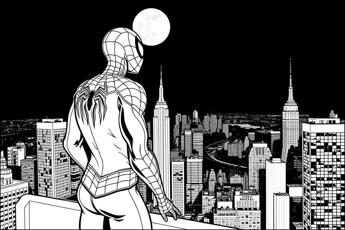 Ausmalbild Spiderman über der Skyline