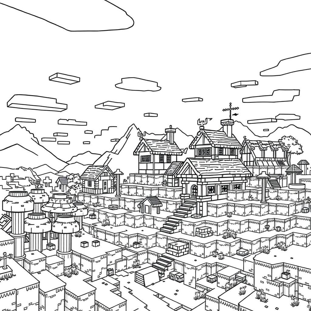 Ausmalbild Minecraft Dorf kostenlos herunterladen