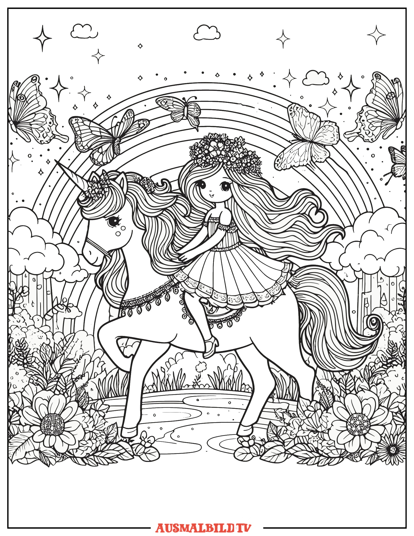 Prinzessin und Einhorn Ausmalbilder Herunterladen