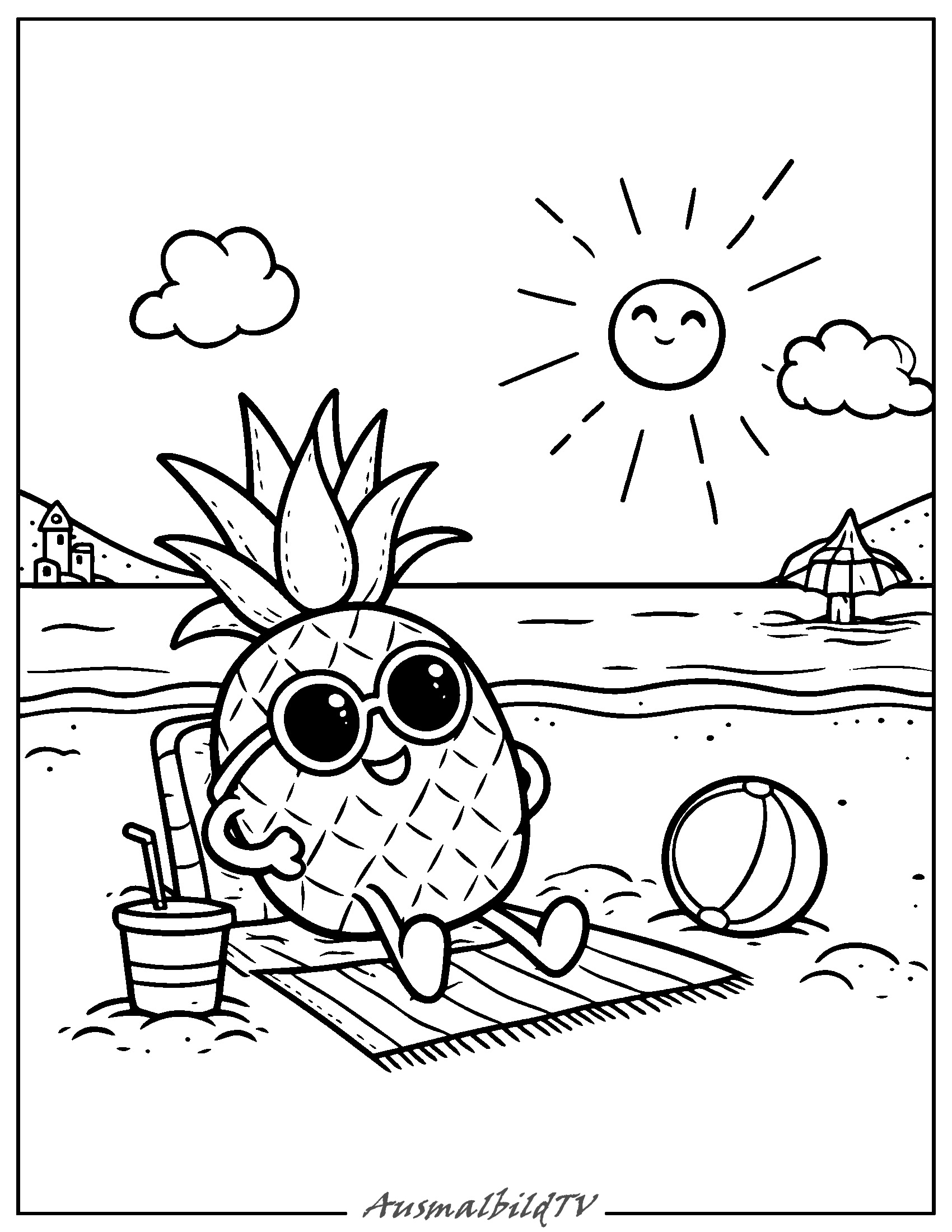 Ausmalbild Ananas Strand Einfach