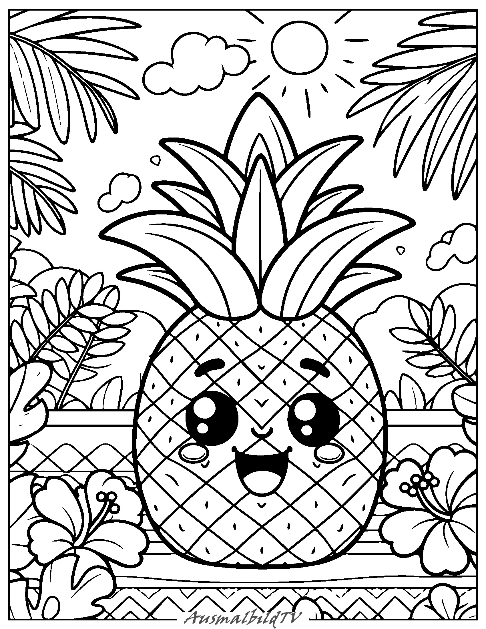 Ausmalbild Ananas umgeben von Palmblättern