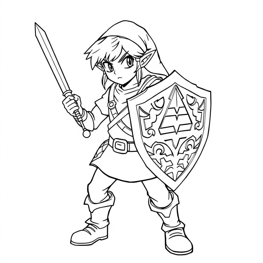Ausmalbilder Zelda mit Link in Kampfpose mit Schwert und Schild