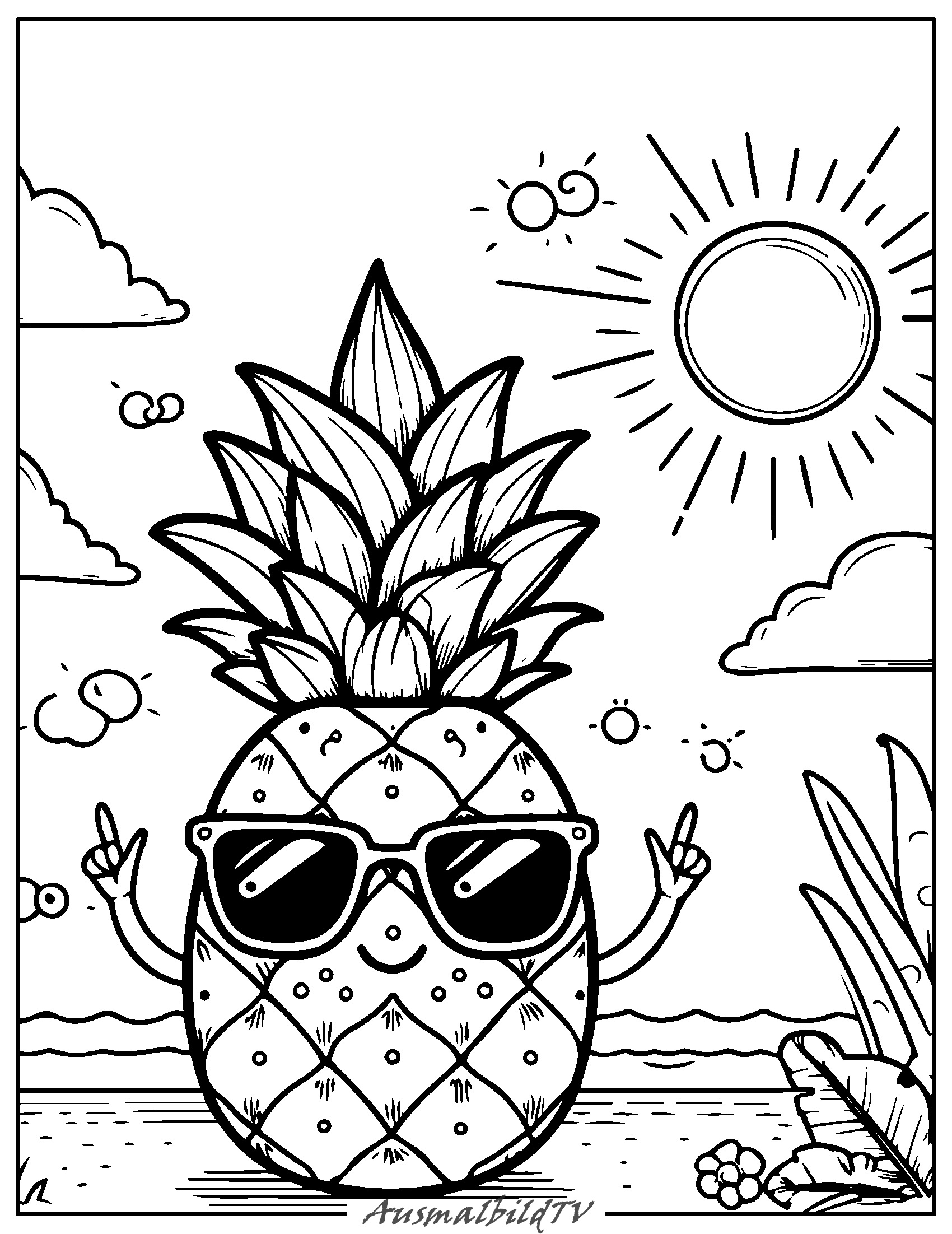 Sonnenbrille mit Ananas Ausmalbild zum Ausdrucken