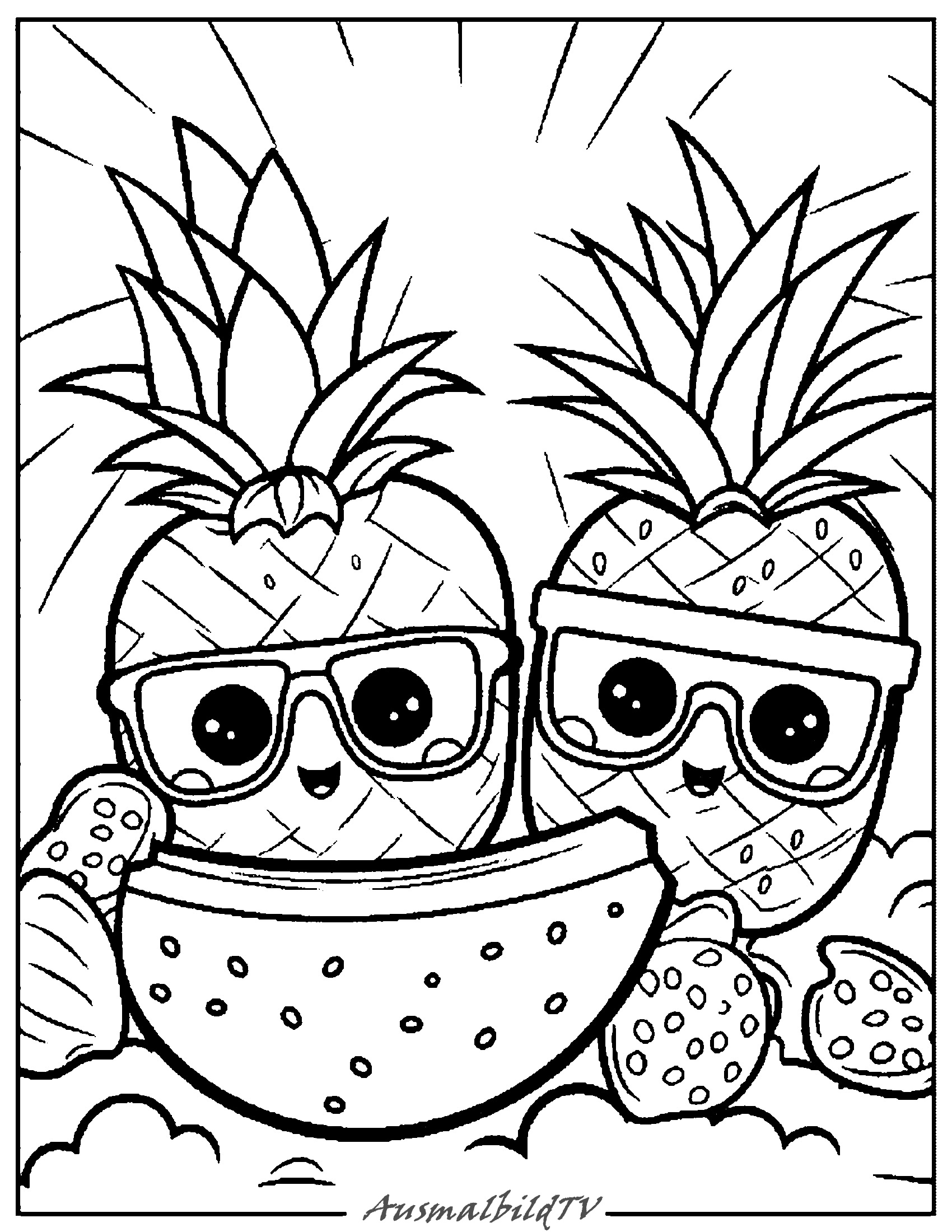 Verspielte Ananas Ausmalbild zum Ausdrucken
